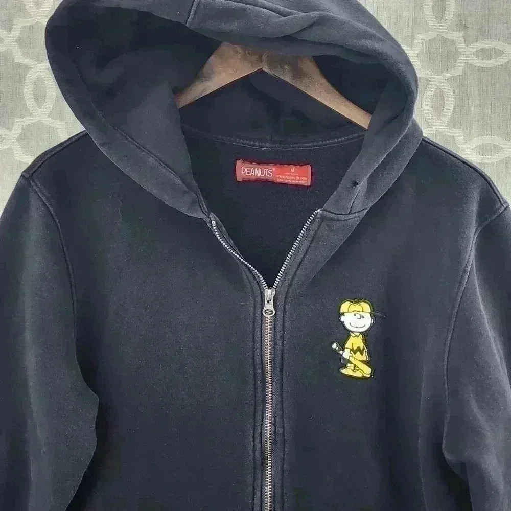 Peanuts Patched Charlie Brown Full zip Hooded Black Sweatshirt Men's M - Picture 2 of 8